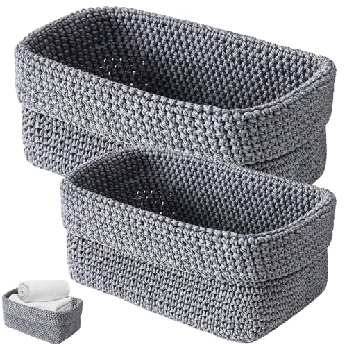 Aufbewahrungskorb Körbe Aufbewahrung Geflochten Häkelkorb - 2er Set Quadrat Stapelbare Häkelkorb Organizer Wäschekorb Regalkörbe, Quadrat Gewebte Körbe für Handtücher Kosmetik Spielzeug (Grau) von VAIGU:OA