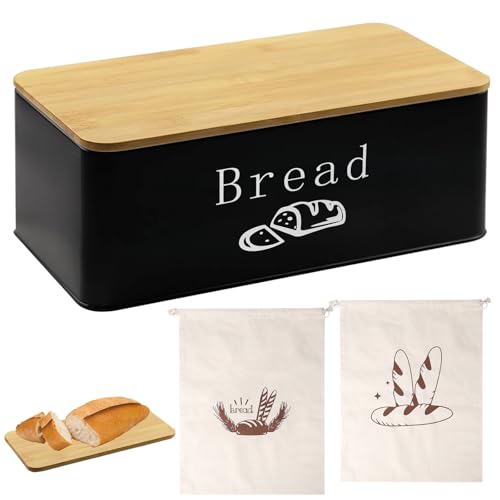 Brotkasten Schwarz Brotaufbewahrung Brotbox - KüChe Brotkasten mit Bambus-Schneidedeckel Brotaufbewahrung Langlebiger geräumiger Brotbox Schwarz Matt Wird mit Einem Holzdeckel und Einem Brotbeutel von VAIGU:OA