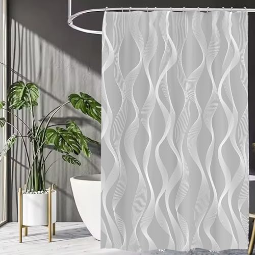 Duschvorhang 180×200 cm - Shower Curtain Badevorhang Polyester geometrische Linien Duschvorhang Anti-Schimmel Wasserdichter Schnelltrocknend Waschbar mit 12 Duschvorhangringe für Badewanne (Grau) von VAIGU:OA