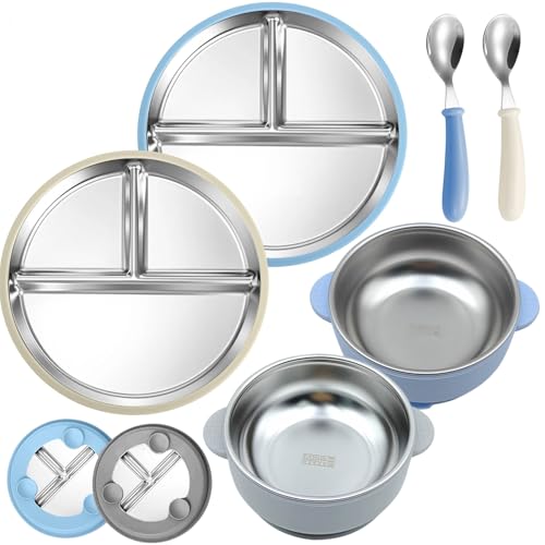 Edelstahl Babyteller Set mit Saugnapf - 6 Stück kindergeschirr Set mit Edelstahl Baby teller, Kleinkind schüssel, löffel; Geschirr mit Abnehmbar Silikon Hülse BPA Frei Auslaufsicher für Kleine Kinder von VAIGU:OA