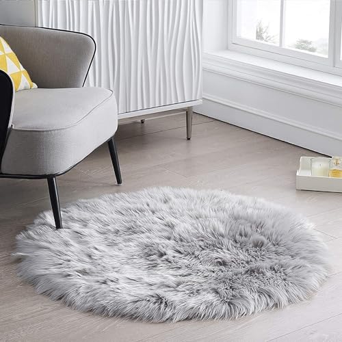 Faux Lammfell Schaffell Teppich 100 x 100 cm, Lammfellimitat Teppich Flauschiger Weicher Fell Teppiche Longhair Fell Lammfellimitat Carpet für Stühle Sofa Schlafzimmer Kinderzimmer (Grau, Rund) von VAIGU:OA