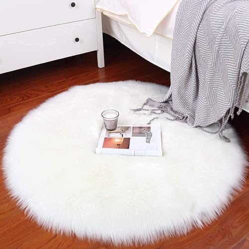 Faux Lammfell Schaffell Teppich 100 x 100 cm, Lammfellimitat Teppich Flauschiger Weicher Fell Teppiche Longhair Fell Lammfellimitat Carpet für Stühle Sofa Schlafzimmer Kinderzimmer (Weiß, Rund) von VAIGU:OA
