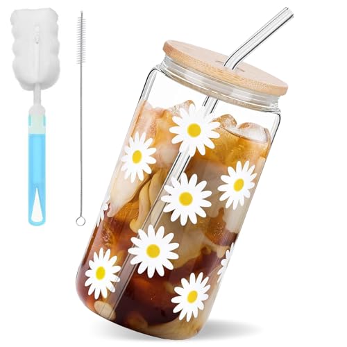 Glas mit Deckel und Strohhalm, 18 Unzen Ästhetischer Trinkglas Tumbler, Cola-Becher Milchkaffee Kaltgetränke-Wasserbecher Bierbecher Einmachglas Saftbecher Matcha Gläser für Smoothies & Getränke - B von VAIGU:OA