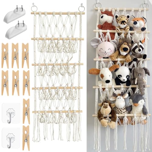 Kuscheltier Aufbewahrung Bohemian-Stil - 4 Lagiges Makramee Kuscheltier Mit Nahtlosen Nagelhaken Holzklammern Aufbewahrung Spielzeug Organizer Hängematte Netz für Spielzimmer Schlafzimmer Kinderzimmer von VAIGU:OA