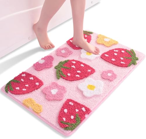 Rosa Badezimmerteppich Bunte Badematten, Erdbeer Badematte Rutschfest Waschbar Badteppich, Bath Mat Weiche Mikrofaser Duschvorleger Flauschig Badvorleger Absorbierende Badezimmer Matte Teppich 45x65cm von VAIGU:OA