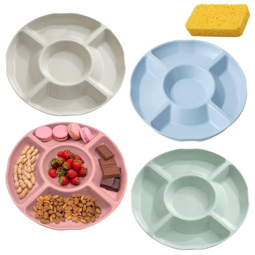 Snackteller Snackschale mit 5 Fächern - 4 Stück Rundes Snackteller mit Fächern, Wiederverwendbar Obstteller, Snack Tablett mit Kostenloser Schwammlappen für Home Party Nüsse Desserts Trockenfrüchte von VAIGU:OA