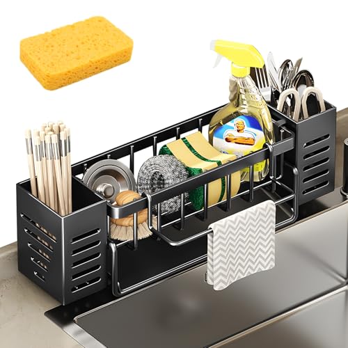 Spülbecken Organizer Schmal - Spüle Organizer mit Spültuchhalter und Aufbewahrungsbox, Sink&Spüle Organizer Schmal mit Automatisch Abflusspfanne, Kostenloser Schwammlappen Küchen-Upgrade (Schwarz) von VAIGU:OA