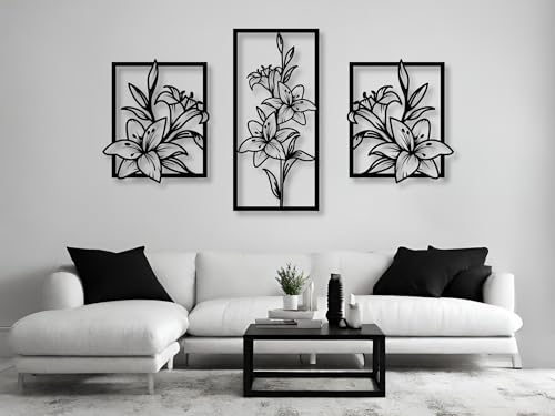 VAILLA ® 3er set Blumen Wanddeko, Lilien Blume Wanddekoration aus Holz, Wandbilder Home Dekoration, 3D Wall Art, Große Wand Deko, Bilder für Schlafzimmer, Wohnzimmer und Küche von VAILLA