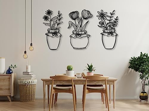 VAILLA ® Palmblätter Bilder, 3D Wand deko, Tropisches Blätter Dekor, Große 3er-Set Wanddekoration aus Holz, Boho wohnzimmer wandbilder (Tropische Blätter 4) (Blumen in Töpfen 2) von VAILLA