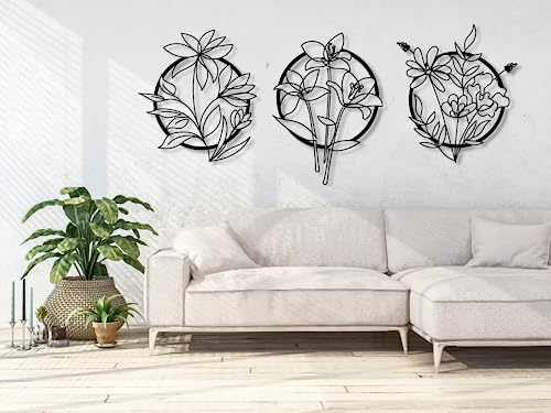 VAILLA ® Palmblätter Bilder, 3D Wand deko, Tropisches Blätter Dekor, Große 3er-Set Wanddekoration aus Holz, Boho wohnzimmer wandbilder (Tropische Blätter 4) (Blumen im Kreis 1) von VAILLA