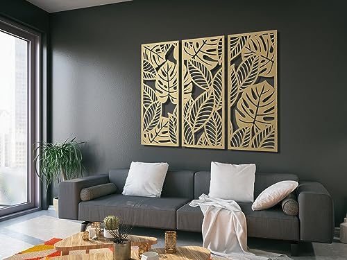 VAILLA ® Palmblätter Bilder, 3D Wanddeko, Tropisches Blätter Dekor, Große 3er-Set Wanddekoration aus Holz, Boho Wohnzimmer Wandbilder, Home Wall Art Dekoration, Wanddeko für Büro Schlafzimmer, Küche von VAILLA