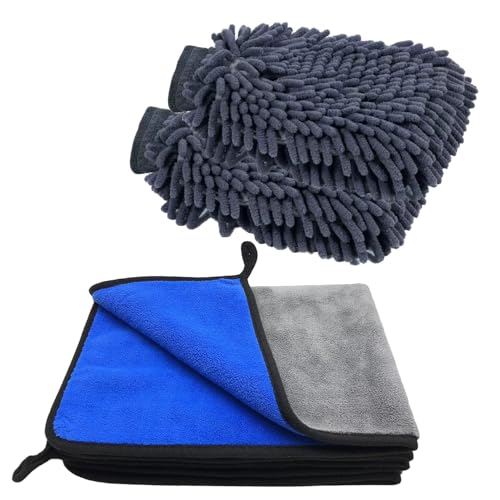 VAIYNWOM 3er Mikrofasertücher & 2 Stück Waschhandschuh Autopflege Set, Microfasertücher 600GSM Super Weich Trockentücher Mikrofaser Handtuch zum Autoreinigung, Trocknen und Polierenlau von VAIYNWOM