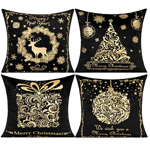 Merry Christmas Schwarz Gold Samt Dekorative Kissenbezüge Modern Weihnachtsbaum Rentier Schnee Geschenk Kissenbezüge Xmas Urlaub Bronzing Home Decor für Couch Sofa Bett Wohnzimmer 45x45 cm 4er-Set von VAKADO