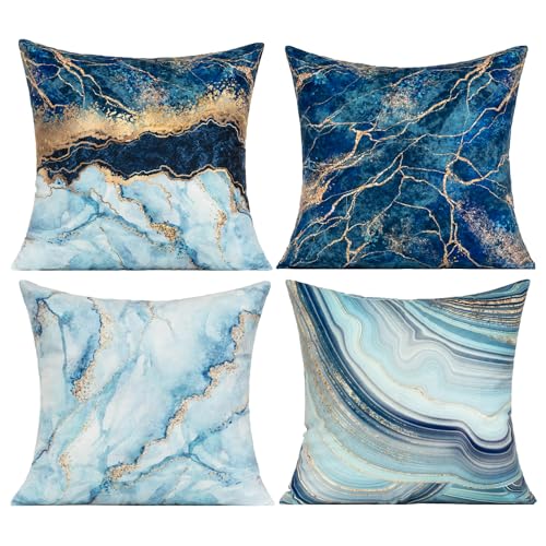 VAKADO Kissenbezug 40x40 cm Kissen Kissenbezüge Kissenhülle blau sofakissen deko Kissen Marmor Samtkissen Dunkelblau Golden Couchkissen Dekorative 4er-Set für Wohnzimmer Terrassenmöbel Auto Büro von VAKADO