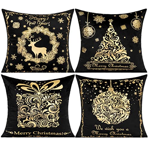 VAKADO Schwarz Gold Merry Christmas Decor Throw Pillow Covers Xmas Golden Decorative Tree Rentier Snow Cushion Cases Xmas Bronzing Home Decoration for Couch Sofa Schlafzimmer 45,7 x 45,7 cm Set of 4 von VAKADO