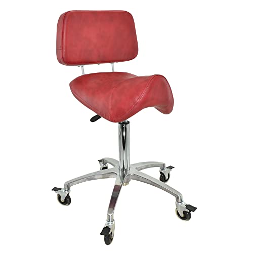 VAKON SALON - Breiter Sattelhocker Rot mit Bremse mit Lehne, Sattelstuhl für Rückenentlastung, Rollhocker höhenverstellbar von 55-75 cm, Praxishocker, Bürohocker, Arbeitshocker von VAKON SALON