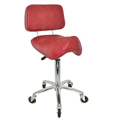 VAKON SALON - Breiter Sattelhocker mit Lehne Rot, Sattelstuhl für Rückenentlastung, Rollhocker höhenverstellbar von 55-75 cm Drehhocker, Praxishocker, Bürohocker, Arbeitshocker von VAKON SALON