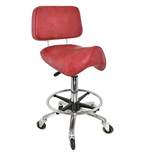 VAKON SALON - Breiter Sattelhocker mit Lehne Rot, Sattelstuhl für Rückenentlastung, Rollhocker höhenverstellbar von 55-75 cm mit Fußring, Drehhocker, Praxishocker, Bürohocker, Arbeitshocker von VAKON SALON