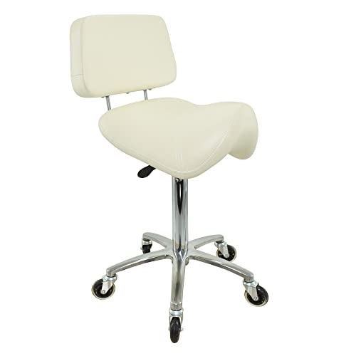 VAKON SALON - Breiter Sattelhocker mit Lehne Weiß, Sattelstuhl für Rückenentlastung, Rollhocker höhenverstellbar von 55-75 cm Drehhocker, Praxishocker, Bürohocker, Arbeitshocker von VAKON SALON