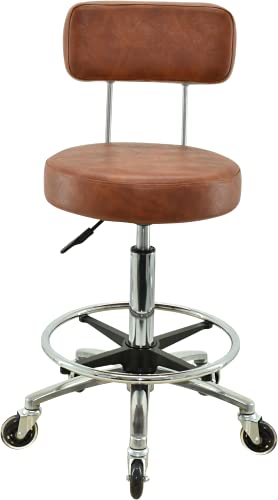 VAKON SALON - Premium Rollhocker in Hellbraun mit Lehne und Fußring - Höhenverstellbar 55-75 cm - Rundsitz Drehhocker Arbeitshocker Praxishocker von VAKON SALON