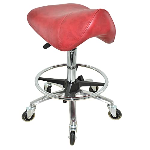 VAKON SALON - Premium Sattelhocker Rot, Sattelstuhl für Rückenentlastung, Rollhocker höhenverstellbar von 55-75 cm mit Fußring, Drehhocker, Praxishocker, Bürohocker, Arbeitshocker von VAKON SALON