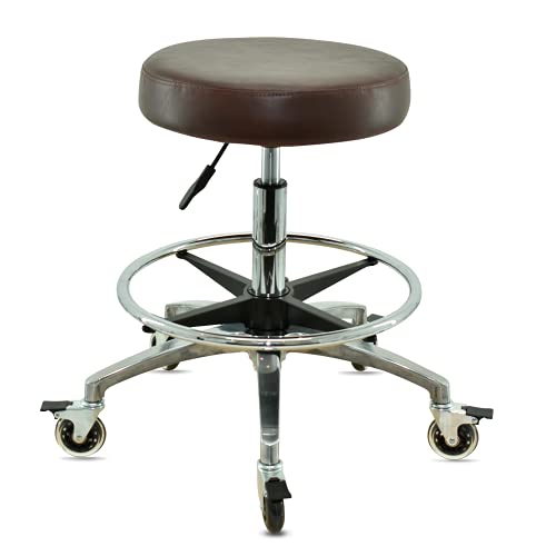 VAKON SALON - Rollhocker braun mit Fußring und Rollen mit Bremse - Höhenverstellbarer Drehhocker 55-75 cm - Rundhocker Praxishocker Bürohocker von VAKON SALON