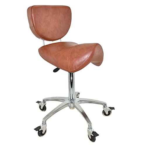 VAKON SALON - Premium Sattelhocker Hellbraun mit Bremse und Lehne, Sattelstuhl für Rückenentlastung, Rollhocker höhenverstellbar von 55-75 cm, Praxishocker, Bürohocker von VAKON SALON