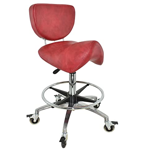 VAKON SALON - Premium Sattelhocker rot mit Bremse und Lehne, Sattelstuhl für Rückenentlastung, Rollhocker höhenverstellbar von 55-75 cm mit Fußring, Praxishocker, Bürohocker von VAKON SALON