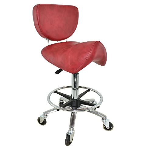 VAKON SALON - Sattelhocker mit Lehne Rot, Sattelstuhl für Rückenentlastung, Rollhocker höhenverstellbar von 55-75 cm mit Fußring, Drehhocker, Praxishocker, Bürohocker, Arbeitshocker von VAKON SALON