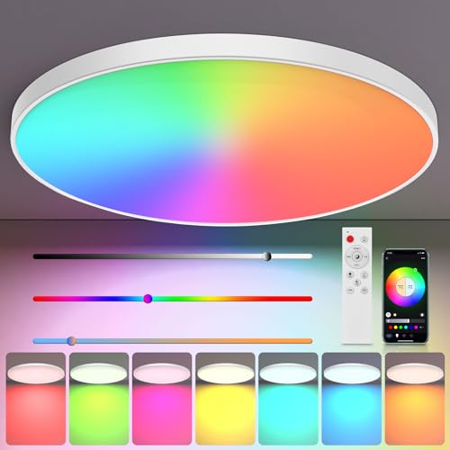 VAKOO Smart LED Deckenlampe Dimmbar, 30W RGB Farbwechsel mit Fernbedienung, 2000LM Rund Flach Lamp für Schlafzimmer Küche Wohnzimmer Korridor Balkon Badezimmer Esszimmer von VAKOO