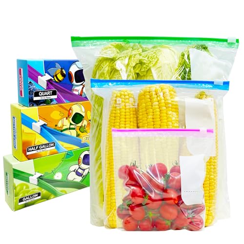 VAKOWOO Gefrierbeutel, 70 Pcs Zip Beutel, Gefrierbeutel mit Reißverschluss, Wiederverwendbar Zipper Beutel mit Erweiterbarer Boden, Frischhaltebeutel für Obst, Gemüse, Fleisch, Getreide, Snacks von VAKOWOO