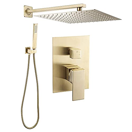 VALAZ Unterputz Duscharmatur Gold Gebürstet | Duschsystem mit Regendusche Regeneffekt | 2-Wege-Einhebeldusche, Edelstahl, Kopfbrause 25cm | Schnelle Wandmontage, Elegant, Tajo-serie von VALAZ