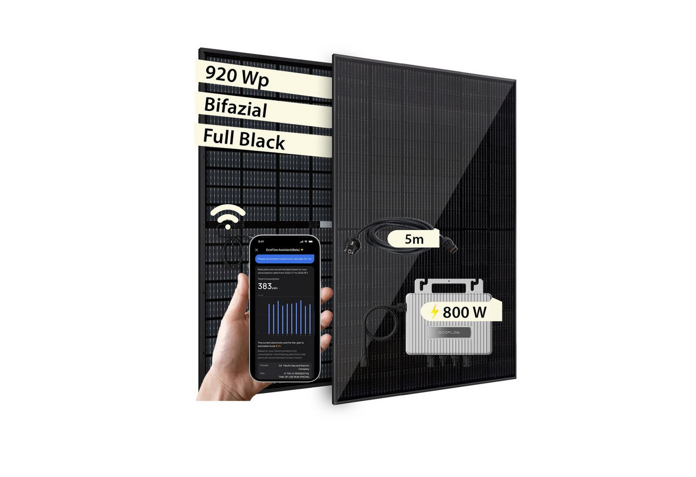 VALE Balkonkraftwerk Komplettset Bifaziale Solaranlage mit Wechselrichter 800W, (mit EcoFlow Stream, 2 x Solarmodule 860-920WP & Zubehör, mit EcoFlow Stream, 2 x Solarmodule 860-920WP & Zubehör), Plug&Play, BKW, Solarmodul, Photovoltaik Set, Wifi, App-Steuerung von VALE