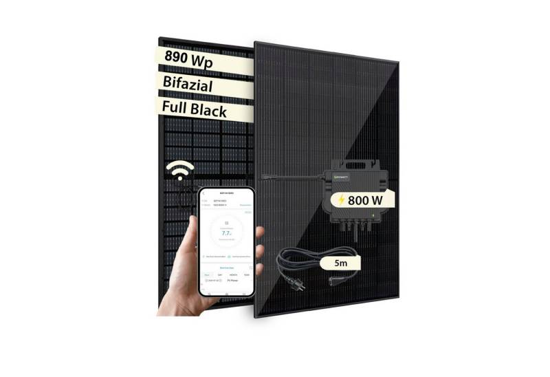 VALE Balkonkraftwerk Intelligentes Solaranlage Set Bifazial mit Wechselrichter, (im Set mit Growatt Wechselrichter, Full Black, 880-920 Wp), Plug&Play, BKW, Solarmodul, Photovoltaik Set, Wifi, App-Steuerung von VALE