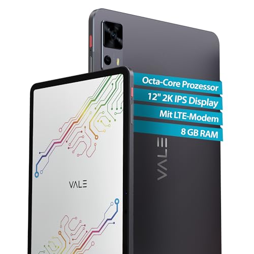 VALE Tablet mit LTE Grau - 12" 2K Incell IPS Display - Octa-Core Prozessor - 8+4 GB RAM - 128 GB eMMC - 8 MP Kamera - Android 14 - Lange Akkulaufzeit von VALE
