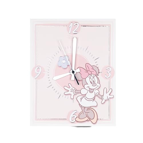 VALENTI & CO. - Disney Minnie - Tischuhr oder Hängeuhr aus Holz mit Details in Silber - Geschenkidee Geburt Mädchen oder Taufgeschenk - Wanduhr für Mädchenzimmer von VALENTI & CO.