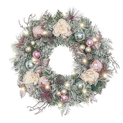 Valery Madelyn 18 Zoll/46 cm Weihnachtskranz für Haustür mit Funkelnde Traumrose und Goldener Kranz mit Kugeln, Weihnachtsriff mit LED Lichtern und Timer-Funktion für Weihnachtsfeiern Dekoration von Valery Madelyn