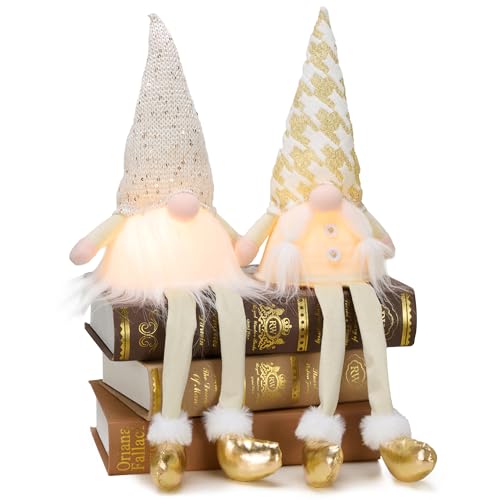 VALERY MADELYN 2er LED Weihnachtswichtel Weihnachtsdeko,23/43cm Weihnachtsgnom Figuren Weiß Gold mit Licht,Deko Weihnachten Lange Beine Zwerg für Innen Tisch Fenster von Valery Madelyn