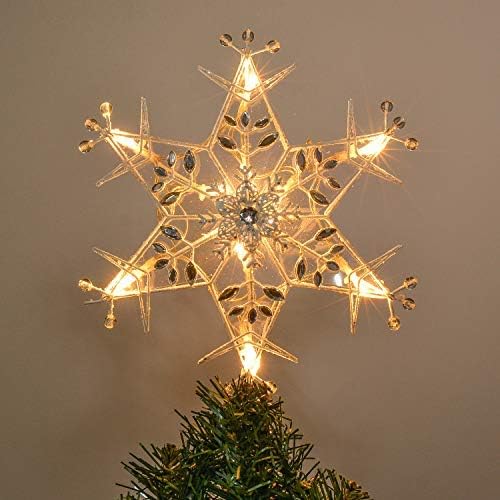 Valery Madelyn 30.5cm Metall Weihnachtsbaumspitze mit Stern Batteriebetrieben 10 Warmgelb LEDs beleuchtete Christbaumspitze glitzerndes Weiß mit Perlen Weihnachtsdeko MEHRWEG Verpackung von VALERY MADELYN