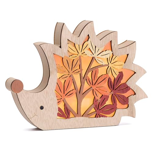 Valery Madelyn 3D Holz LED Igel Stimmungsleuchten für Herbstdeko,Herbst Holz Ornament,Igel Deko für Innen Tisch Fenster,Fall Decor,Geschenk für Thanksgiving Erntedank,18cm von Valery Madelyn