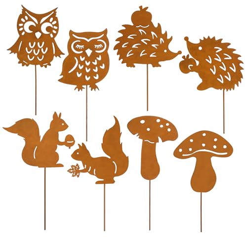 Valery Madelyn 8er Rost Gartenstecker für Herbstdeko Draußen,25cm Rostoptik Gartendeko mit Igel Eule Pilze,Beidseitig Roststecker Metall für Innen Blumentopf Terrasse,Geschenk Erntedank von Valery Madelyn