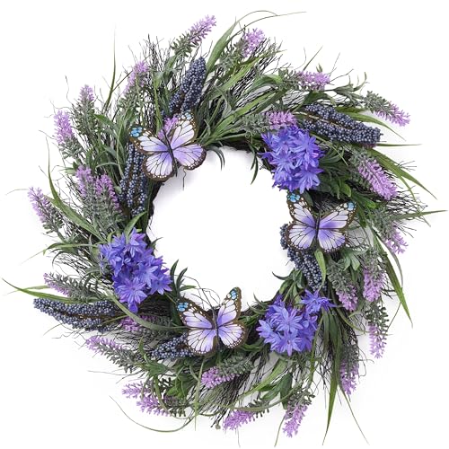 Valery Madelyn Türkranz Frühling, Künstliche Lavendel Blumenkranz mit Schmetterling, groß Ø 46cm Frühlingskranz Türkranz Wandkranz Türkranz Sommer für Zuhause, Parties, Türen, Hochzeiten Geschenk von Valery Madelyn