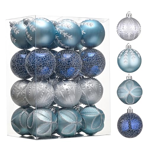 VALERY MADELYN Weihnachtskugeln 24 Stücke 6CM Baumschmuckkugeln mit Aufhänger Glänzend Glitzern Weihnachtsbaumschmuck für Weihnachtsdekoration Traditionelles Thema silbrig eisblau von VALERY MADELYN