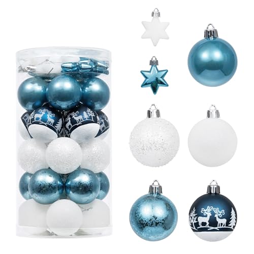 Valery Madelyn Weihnachtskugeln 35 Stücke 5CM Plastik Christbaumkugeln Weihnachtsdeko mit Stern Aufhänger Weihnachtsbaumschmuck Dekoration Winterwünsches Thema Silber Blau von VALERY MADELYN