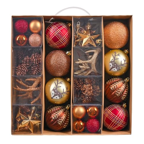 VALERY MADELYN Weihnachtskugeln 60 Stücke Christbaumkugeln Geschenkpaket Weihnachtsbaumschmuck Kunststoff Kupfergold Weihnachtsdeko mit Aufhänger Wald Thema von Valery Madelyn