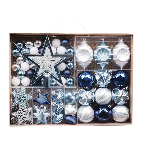 Valery Madelyn Weihnachtskugeln 70Stück 3-16cm Plastik Christbaumkugeln Weihnachtsbaumschmuck mit Weihnachtsbaumspitze und Aufhänger Weihnachtsdeko Winterwünsches Thema Silber Blau MEHRWEG Verpackung von Valery Madelyn