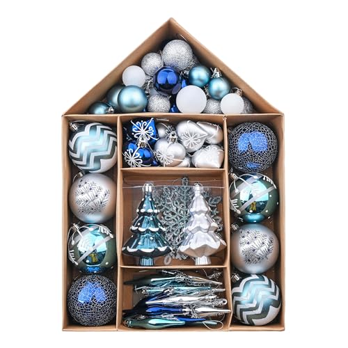 Valery Madelyn Weihnachtskugeln Plastik Christbaumkugeln 70er Set Weihnachtsbaumschmuck mit Aufhänger Weihnachtsdeko Winterwünsches Thema Silber Blau MEHRWEG Verpackung 3-16cm von Valery Madelyn