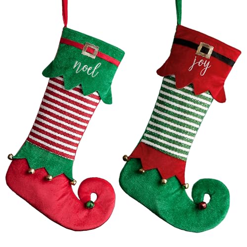 Valery Madelyn Weihnachtsstrumpfe 46cm 2er Set Stoff Nikolausstiefel Weihnachtsdeko Weihnachtssocken zum Befüllen und Aufhängen für Kamin Klassische Serie Thema Rot Grün Weiß von Valery Madelyn