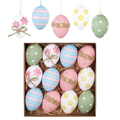 Valery Madelyn 12er Ostereier zum Aufhängen für Osterdeko,6cm Bunte Plastikeier für Ostern Deko,Rosa Blau Ornament für Osterkörbchen Frühlingsdeko,Ostern Geschenke Kinder von VALERY MADELYN