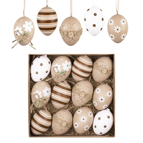 Valery Madelyn 12er Ostereier zum Aufhängen für Osterdeko,6cm Nature Plastikeier für Ostern Deko,Braun Weiß Ornament für Osterkörbchen Frühlingsdeko,Ostern Geschenke Kinder von VALERY MADELYN